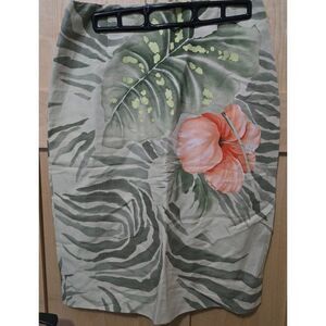 Tropical Leaf & Floral Print Pencil Skirt silk & linen blend Neutral & Green